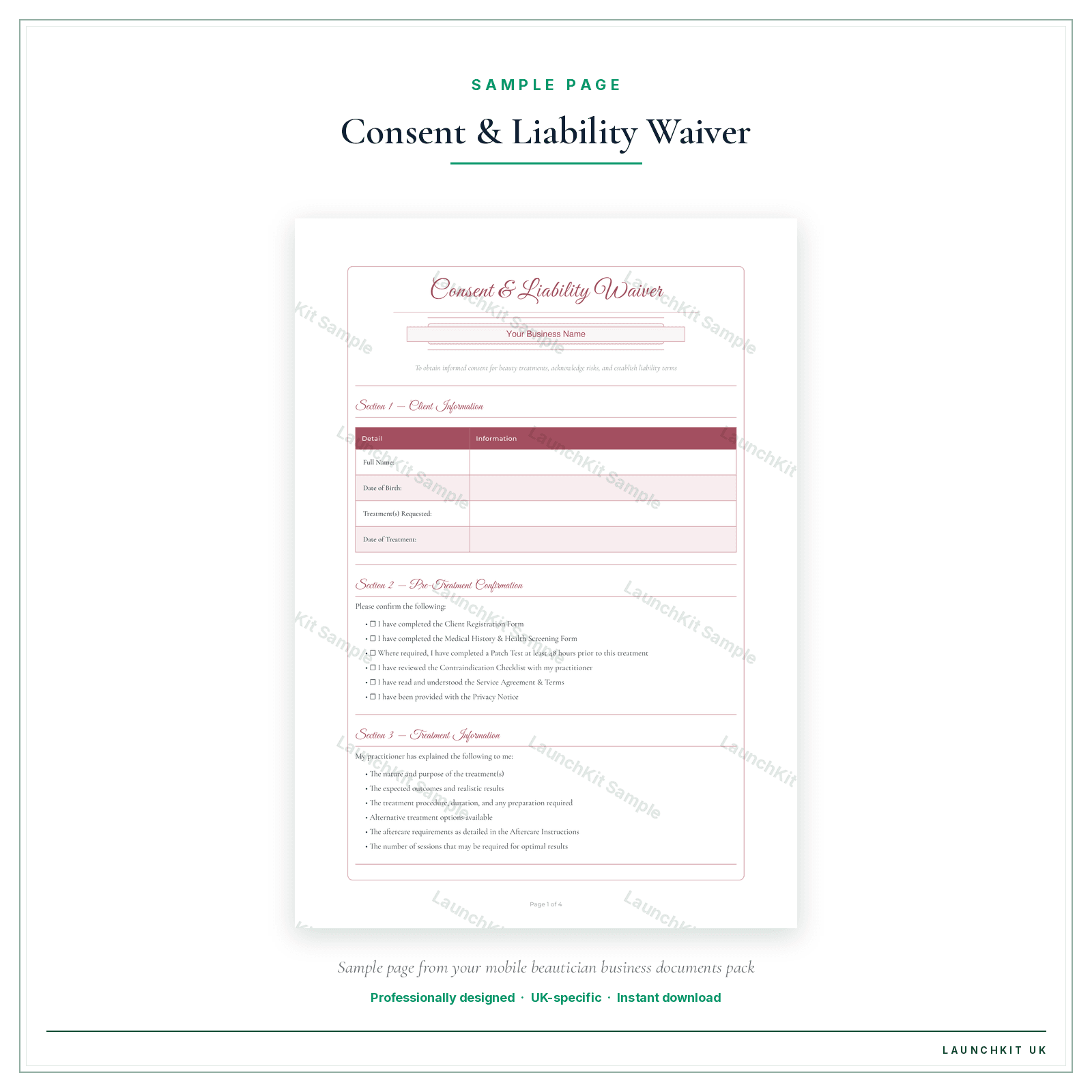 Consent & Liability Waiver sample page from the Mobile Beautician Business Documents — Standard pack — watermarked LaunchKit Sample