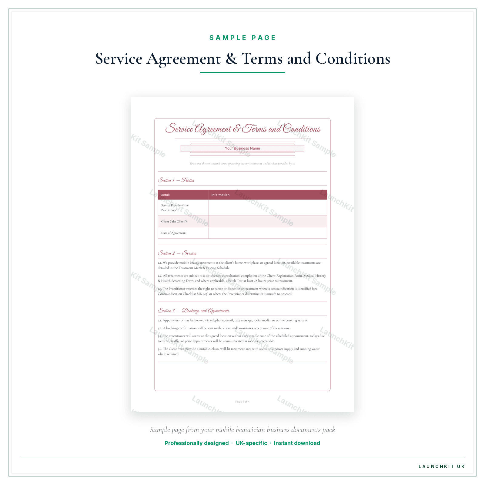Service Agreement & Terms and Conditions sample page from the Mobile Beautician Business Documents — Standard pack — watermarked LaunchKit Sample