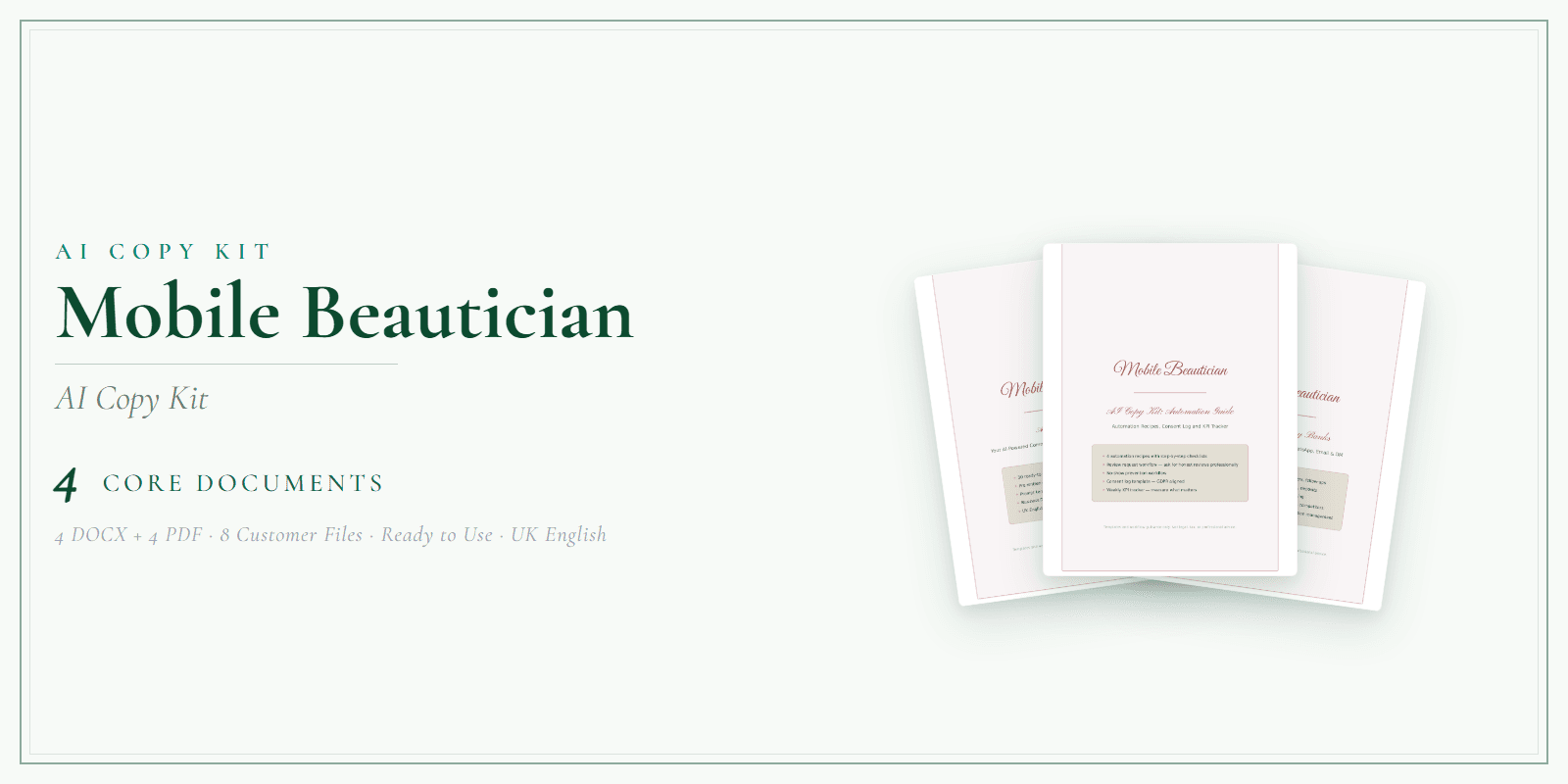 Mobile Beautician — AI Copy Kit, PDF and editable DOCX product overview