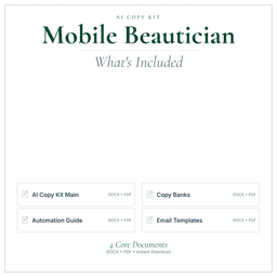 Mobile Beautician — AI Copy Kit, PDF and editable DOCX what's included preview
