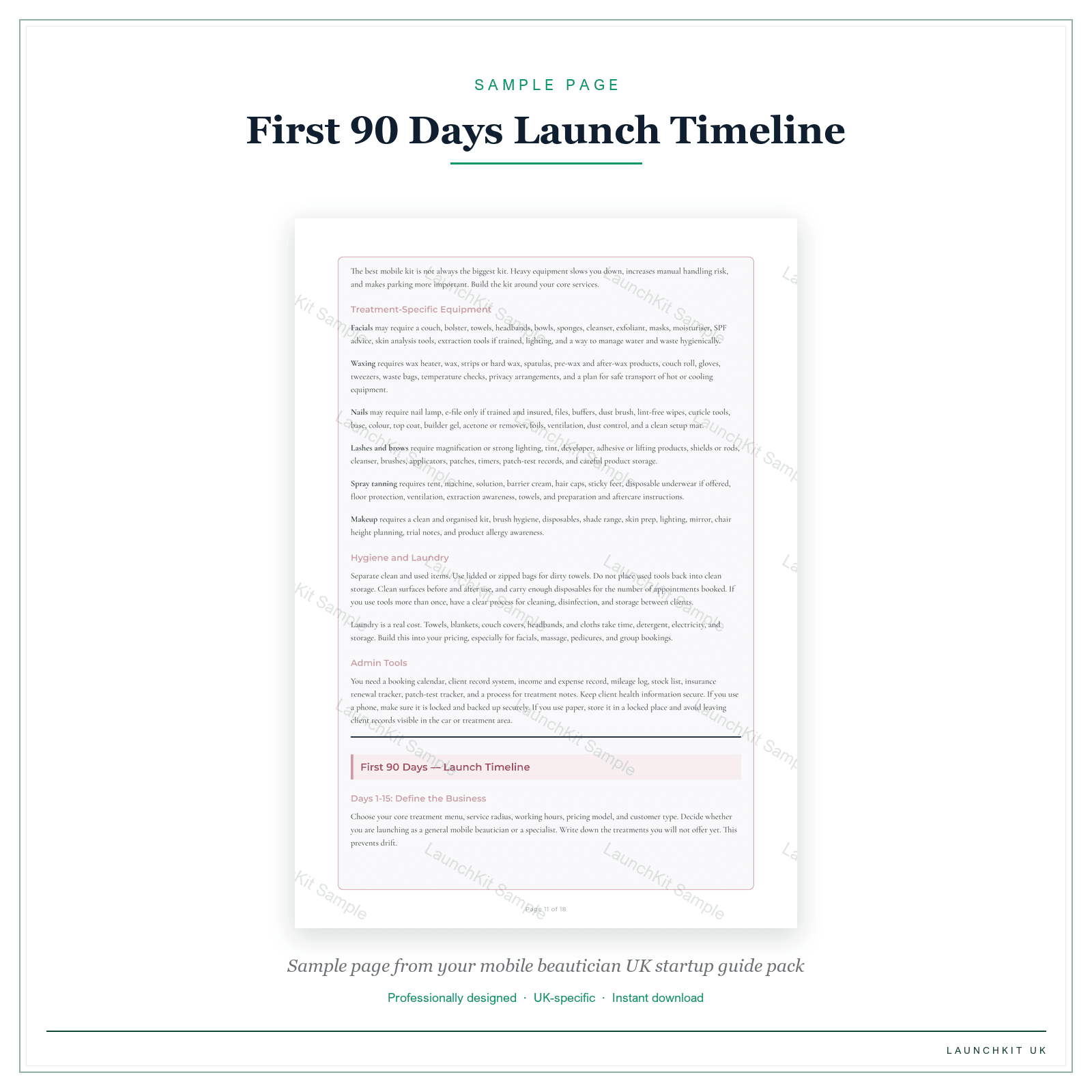 First 90 Days Launch Timeline sample page from the Mobile Beautician Startup Guide pack — watermarked LaunchKit Sample
