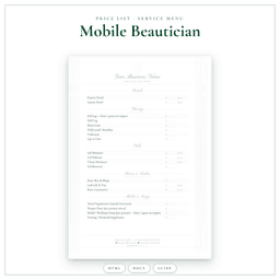 Mobile Beautician — Price List & Service Menu, PDF product preview