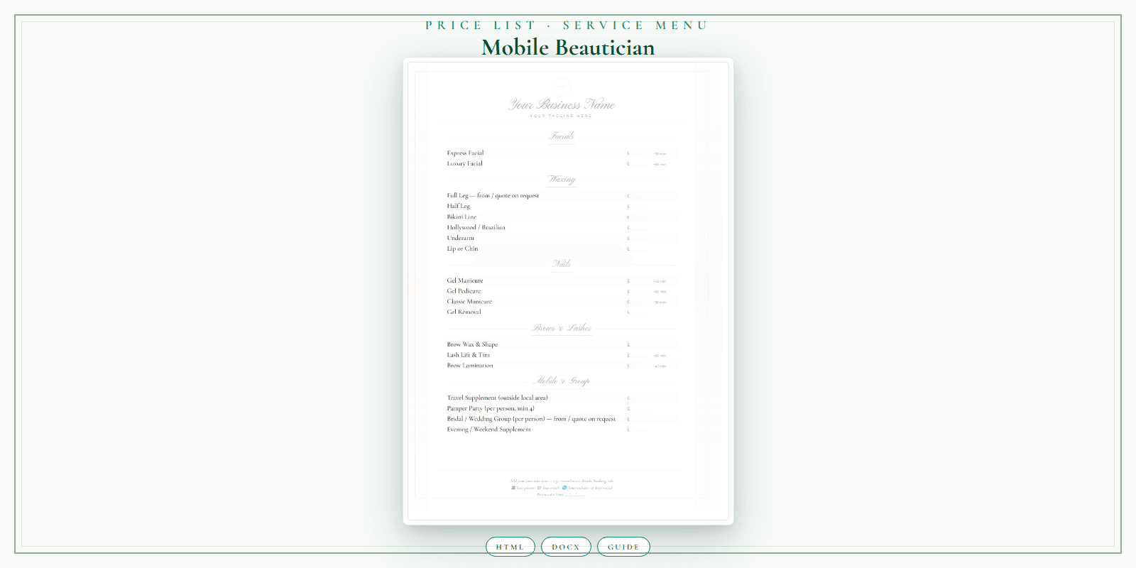 Mobile Beautician — Price List & Service Menu, PDF product overview