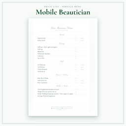 Mobile Beautician — Price List & Service Menu, PDF sample pages