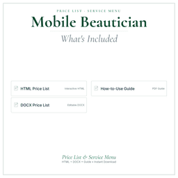 Mobile Beautician — Price List & Service Menu, PDF what's included preview