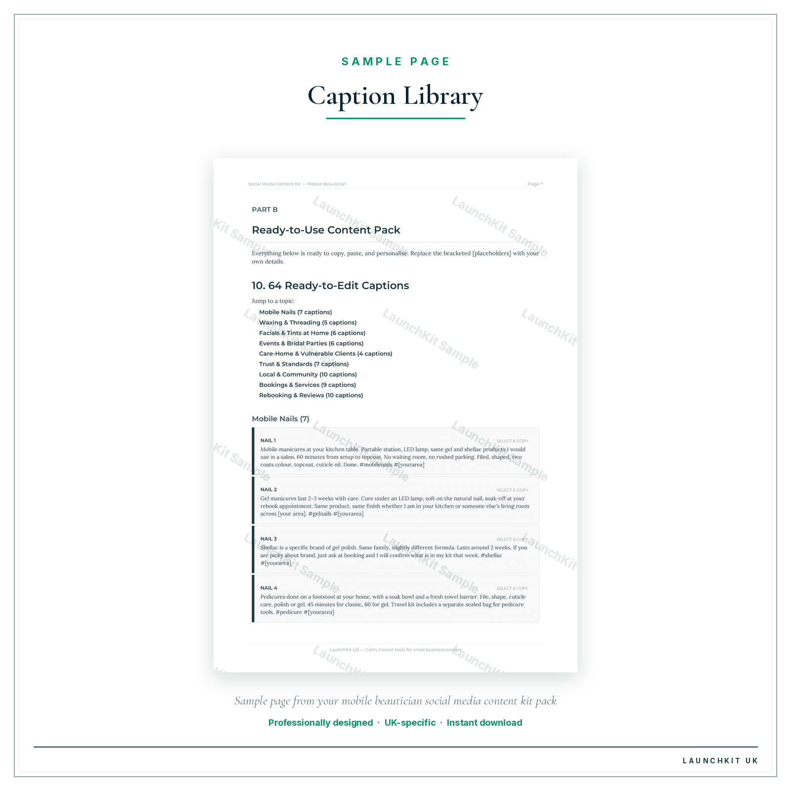 Caption Library sample page from the Mobile Beautician Social Media Content Kit pack — watermarked LaunchKit Sample