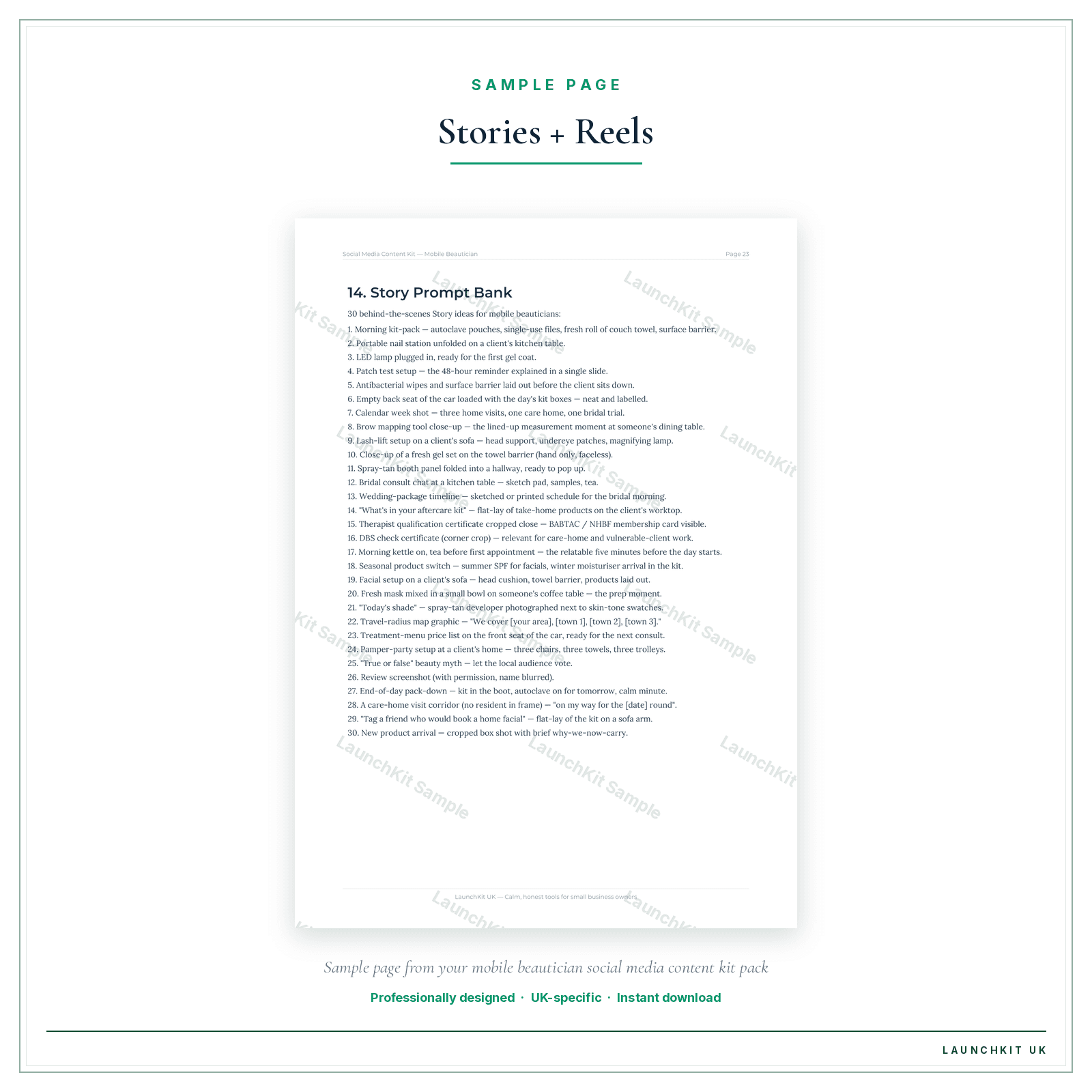 Stories + Reels sample page from the Mobile Beautician Social Media Content Kit pack — watermarked LaunchKit Sample