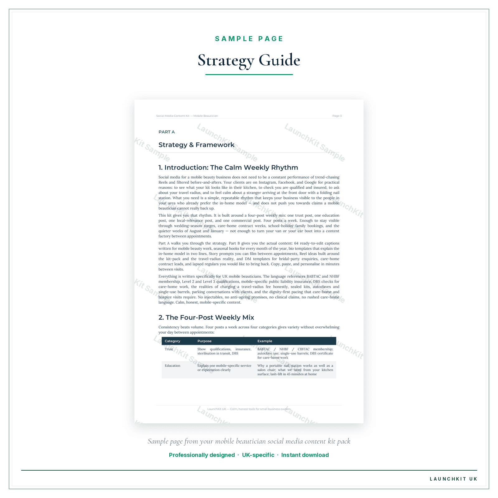 Strategy Guide sample page from the Mobile Beautician Social Media Content Kit pack — watermarked LaunchKit Sample