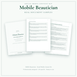 Mobile Beautician — Social Media Content Kit, PDF and editable DOCX sample pages
