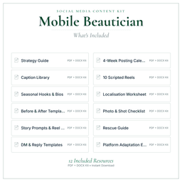 Mobile Beautician — Social Media Content Kit, PDF and editable DOCX what's included preview
