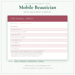 Mobile Beautician — Round Management Pack, PDF sample pages