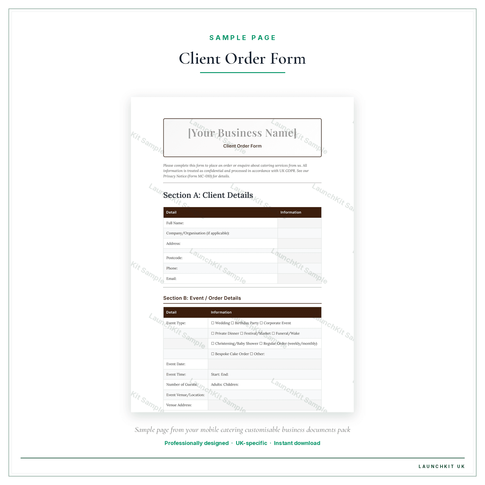 Client Order Form sample page from the Mobile Catering Business Documents — Customisable pack — watermarked LaunchKit Sample