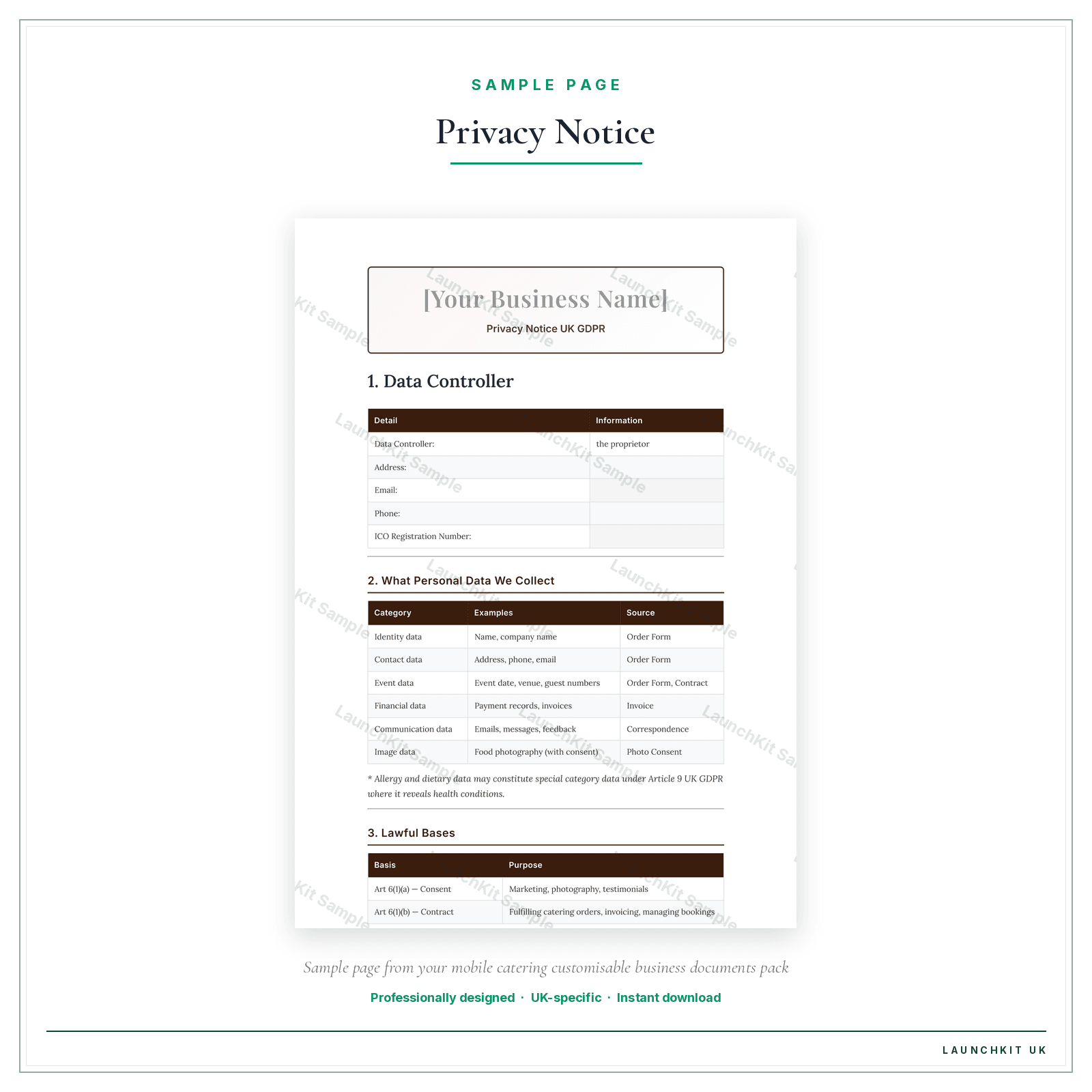 Privacy Notice (UK GDPR) sample page from the Mobile Catering Business Documents — Customisable pack — watermarked LaunchKit Sample
