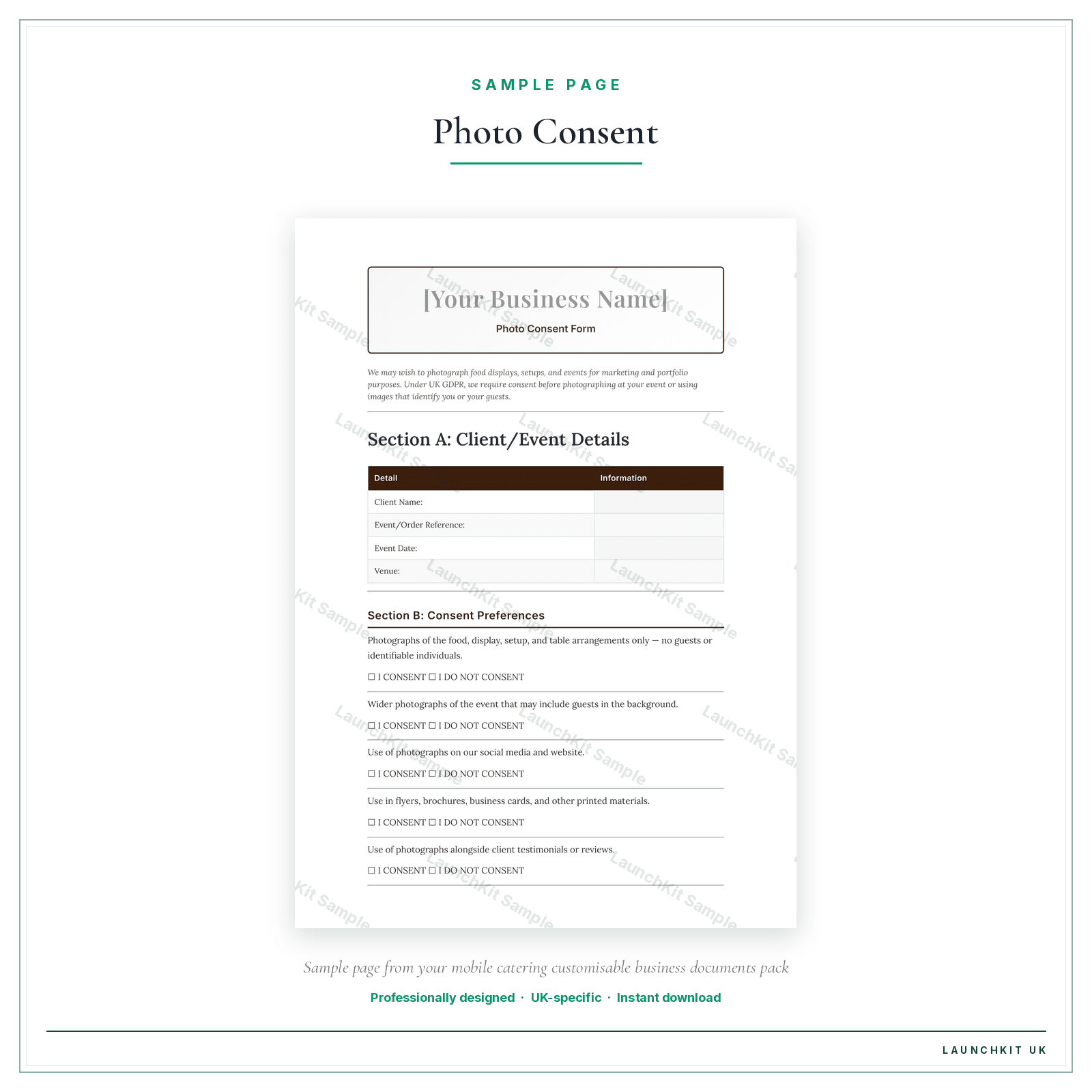 Photo Consent Form sample page from the Mobile Catering Business Documents — Customisable pack — watermarked LaunchKit Sample