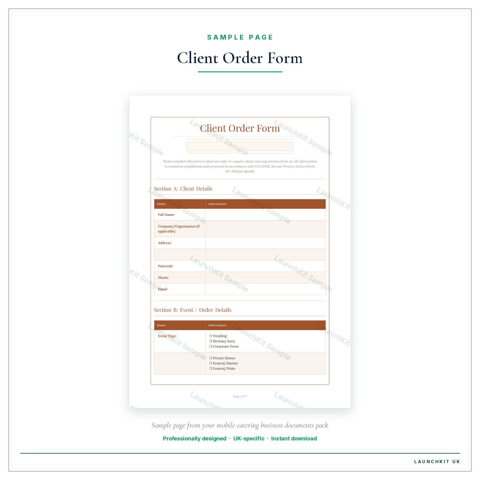 Client Order Form sample page from the Mobile Catering Business Documents — Essential pack — watermarked LaunchKit Sample
