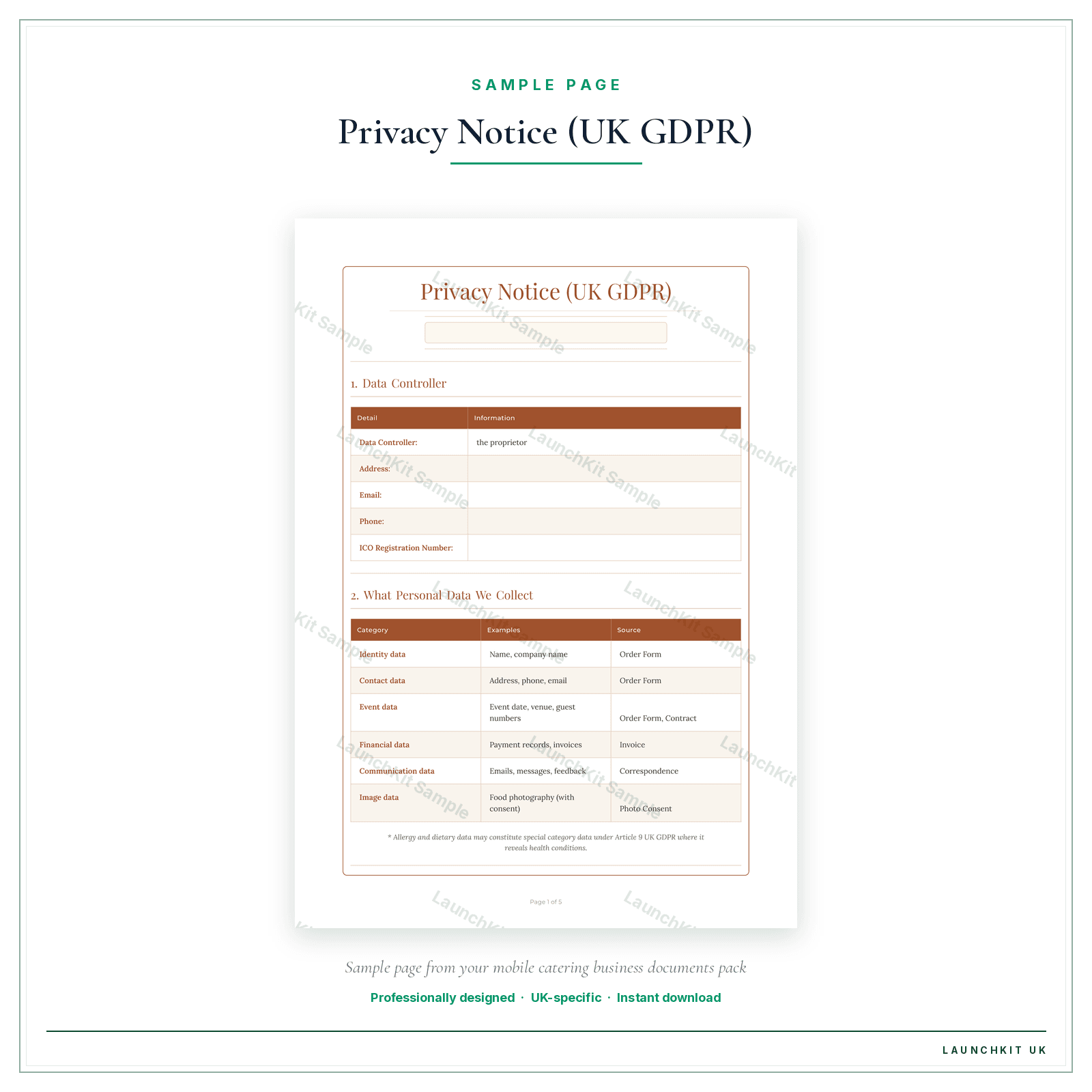 Privacy Notice (UK GDPR) sample page from the Mobile Catering Business Documents — Essential pack — watermarked LaunchKit Sample