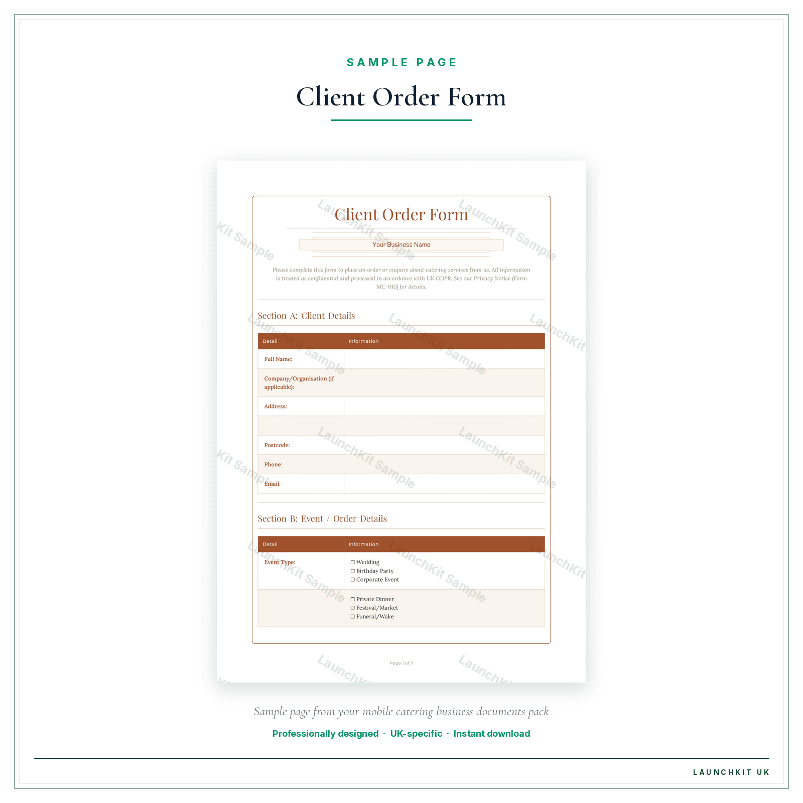 Client Order Form sample page from the Mobile Catering Business Documents — Standard pack — watermarked LaunchKit Sample