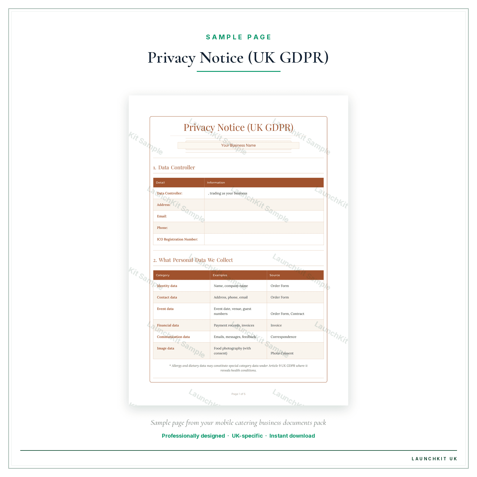 Privacy Notice (UK GDPR) sample page from the Mobile Catering Business Documents — Standard pack — watermarked LaunchKit Sample