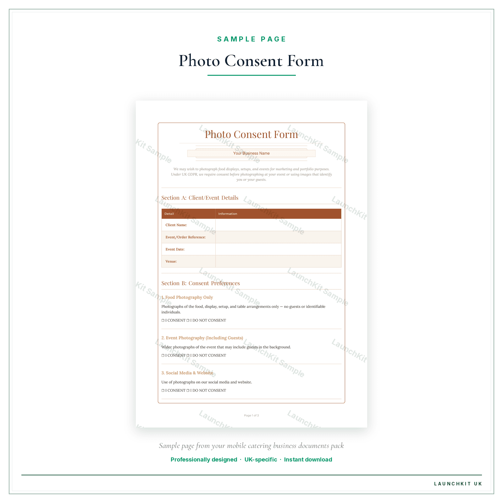 Photo Consent Form sample page from the Mobile Catering Business Documents — Standard pack — watermarked LaunchKit Sample