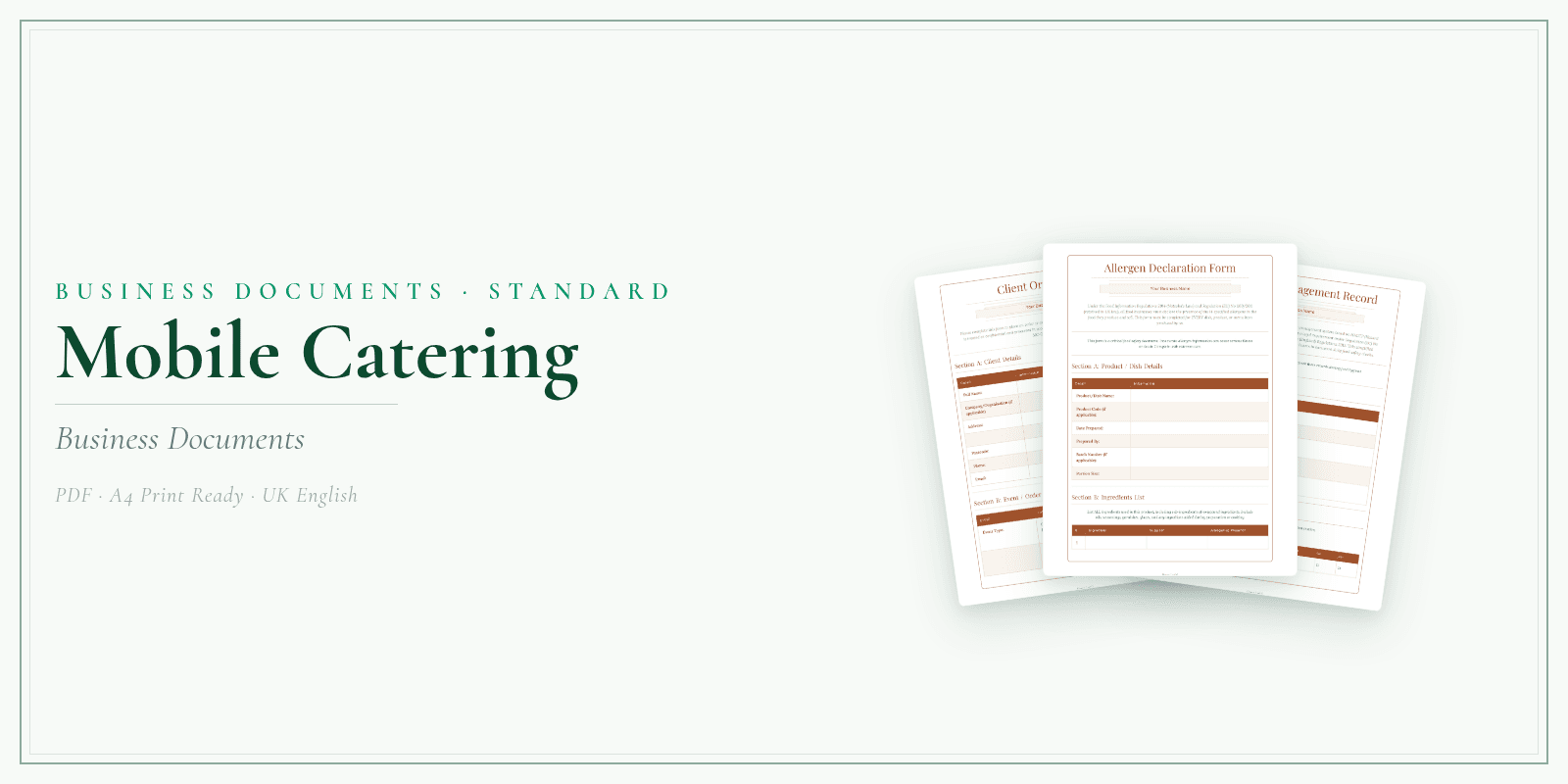 Mobile Catering — Business Documents — Standard, PDF with fillable header product overview