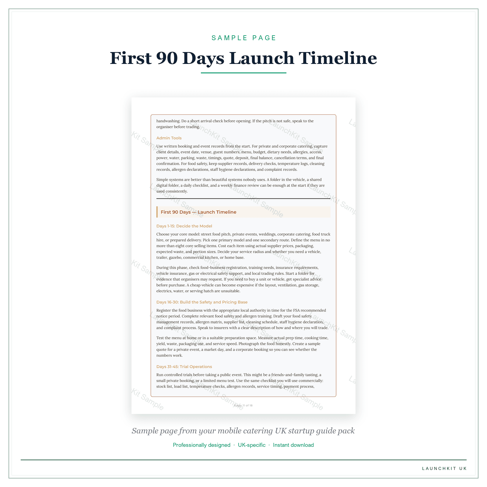 First 90 Days Launch Timeline sample page from the Mobile Catering Startup Guide pack — watermarked LaunchKit Sample