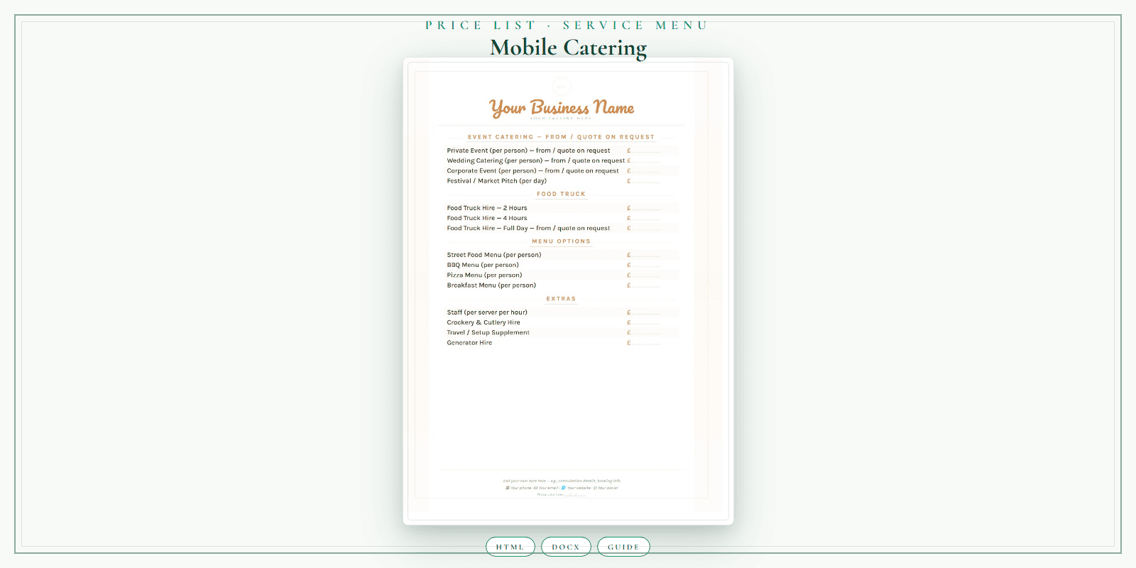 Mobile Catering — Price List & Service Menu, PDF product overview
