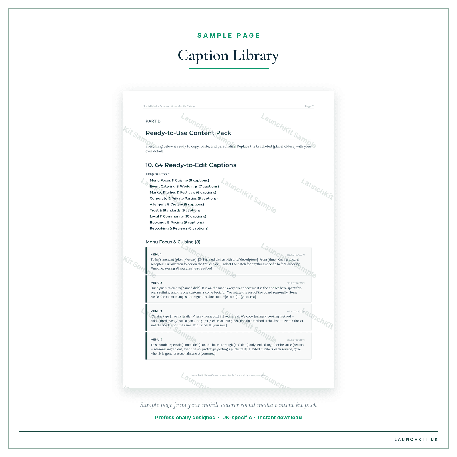 Caption Library sample page from the Mobile Catering Social Media Content Kit pack — watermarked LaunchKit Sample
