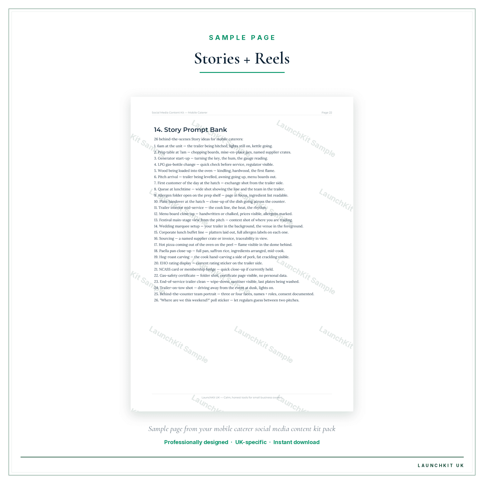 Stories + Reels sample page from the Mobile Catering Social Media Content Kit pack — watermarked LaunchKit Sample