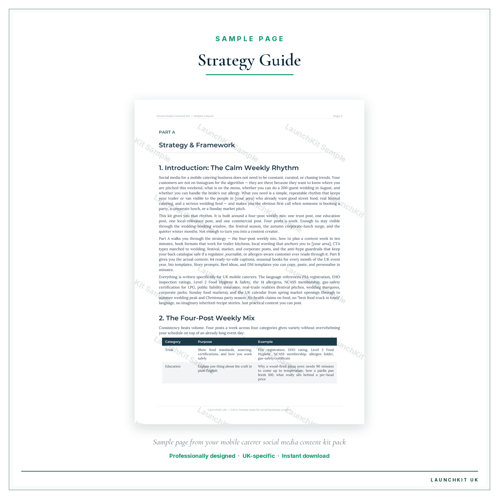 Strategy Guide sample page from the Mobile Catering Social Media Content Kit pack — watermarked LaunchKit Sample