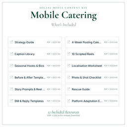 Mobile Catering — Social Media Content Kit, PDF and editable DOCX what's included preview