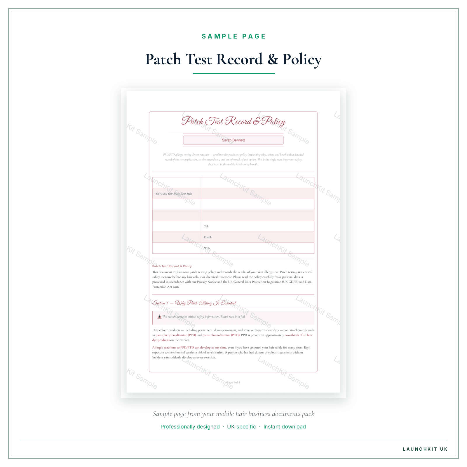 Patch Test Record preview page from the Mobile Hair Business Documents — Premium pack