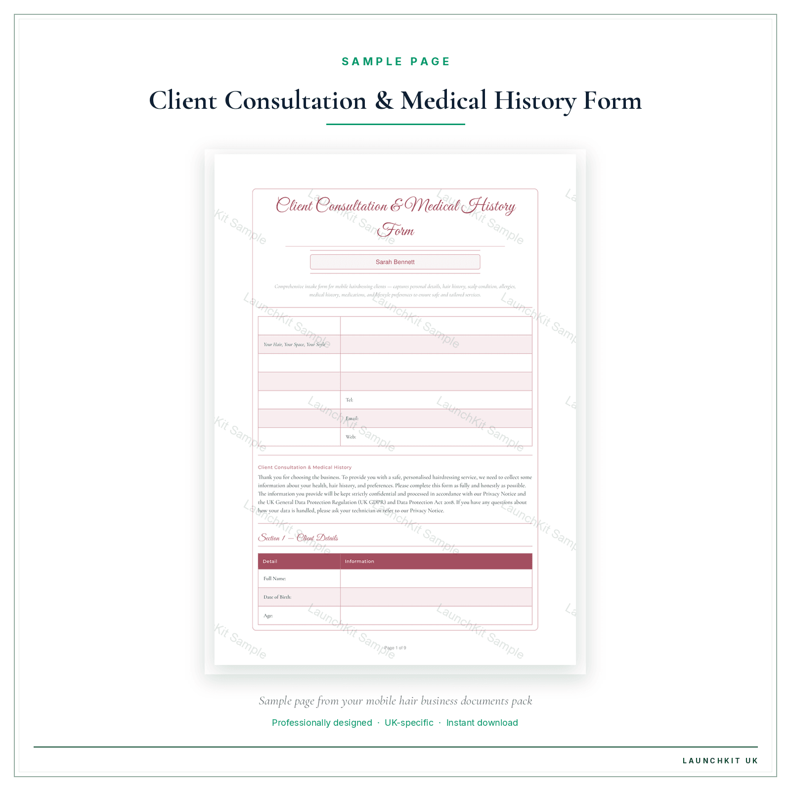 Client Consultation Medical History preview page from the Mobile Hair Business Documents — Essential pack