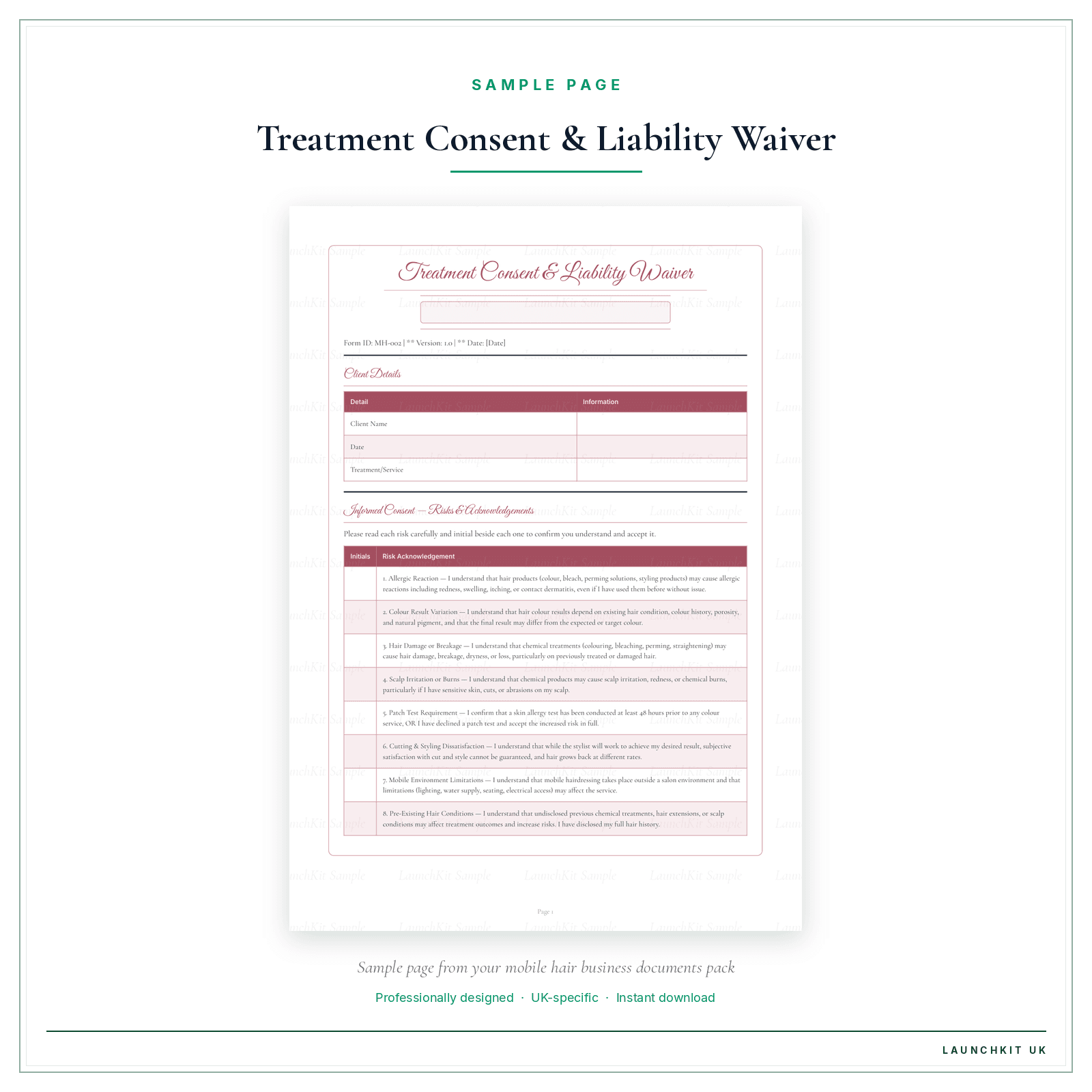 Treatment Consent Liability Waiver preview page from the Mobile Hair Business Documents — Essential pack