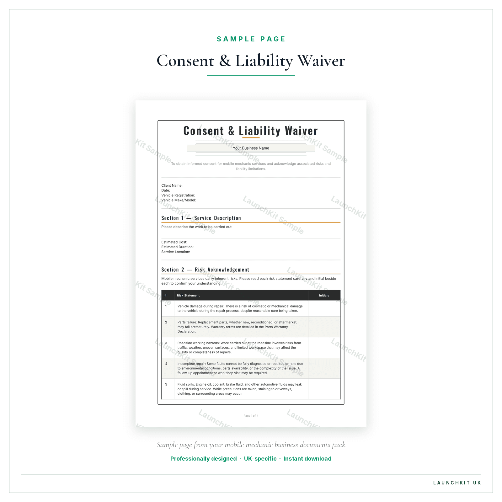 Consent & Liability Waiver sample page from the Mobile Mechanic Business Documents — Premium pack — watermarked LaunchKit Sample