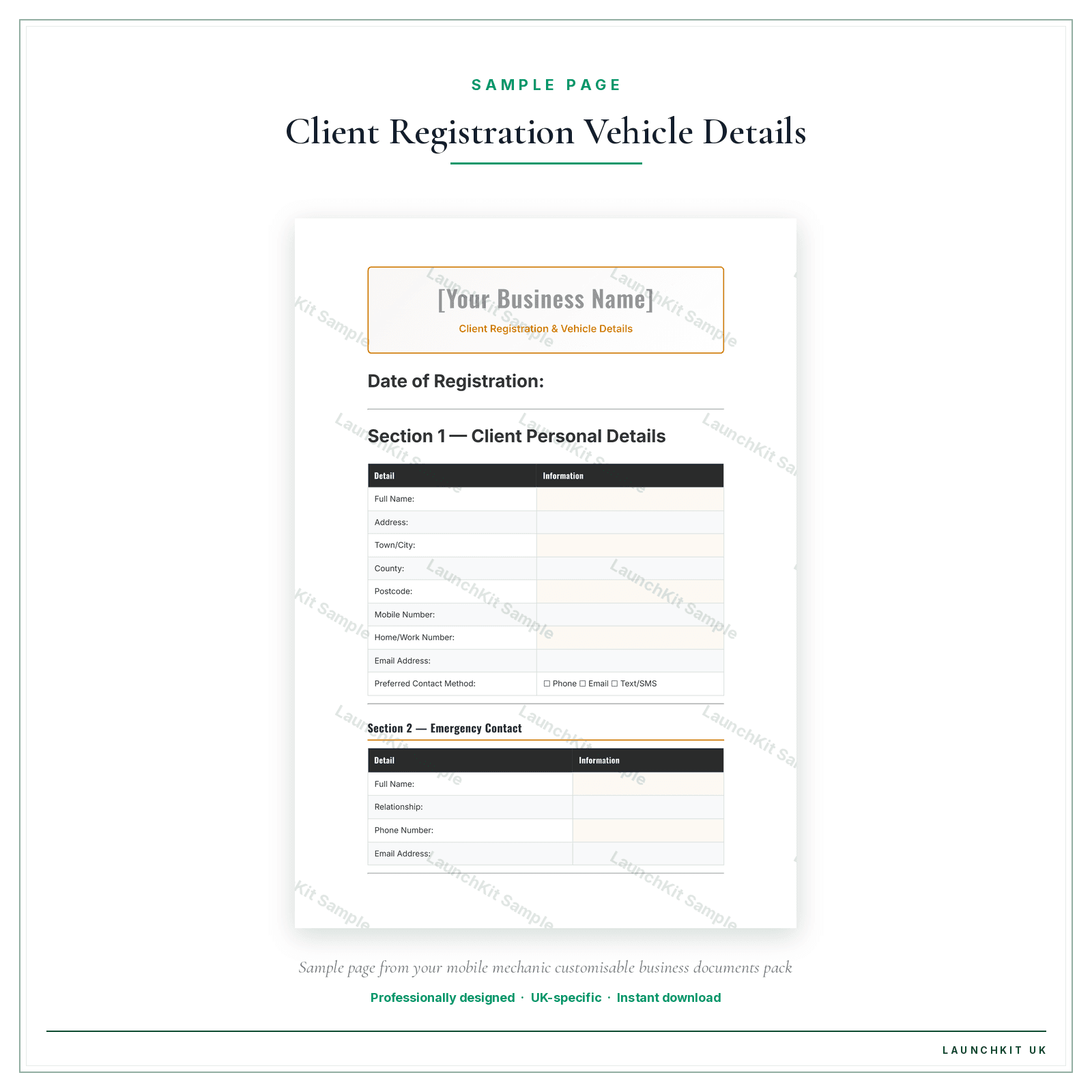 Client Registration & Vehicle Details sample page from the Mobile Mechanic Business Documents — Customisable pack — watermarked LaunchKit Sample