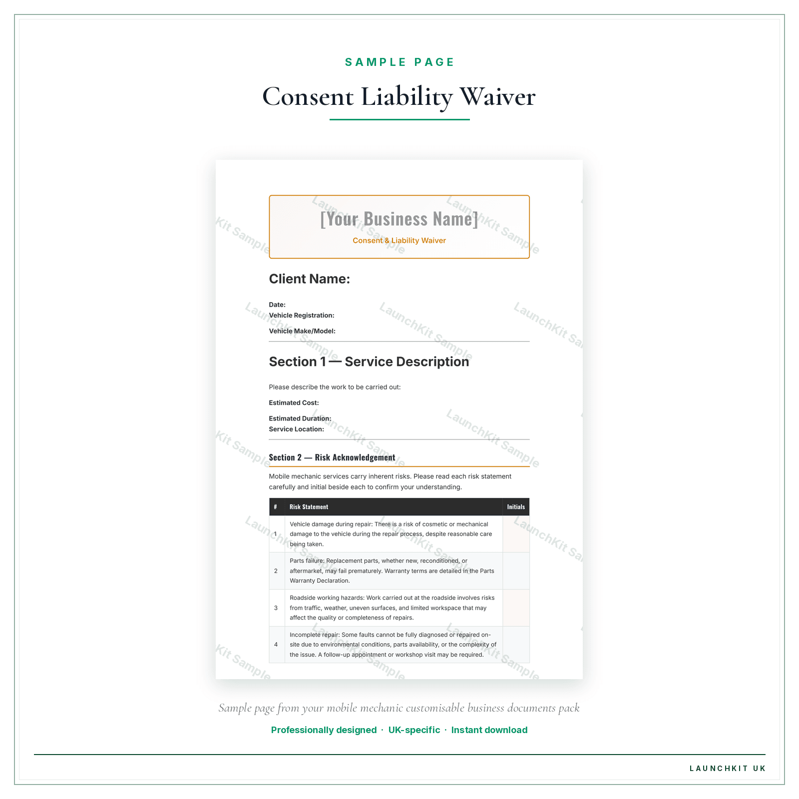 Consent & Liability Waiver sample page from the Mobile Mechanic Business Documents — Customisable pack — watermarked LaunchKit Sample
