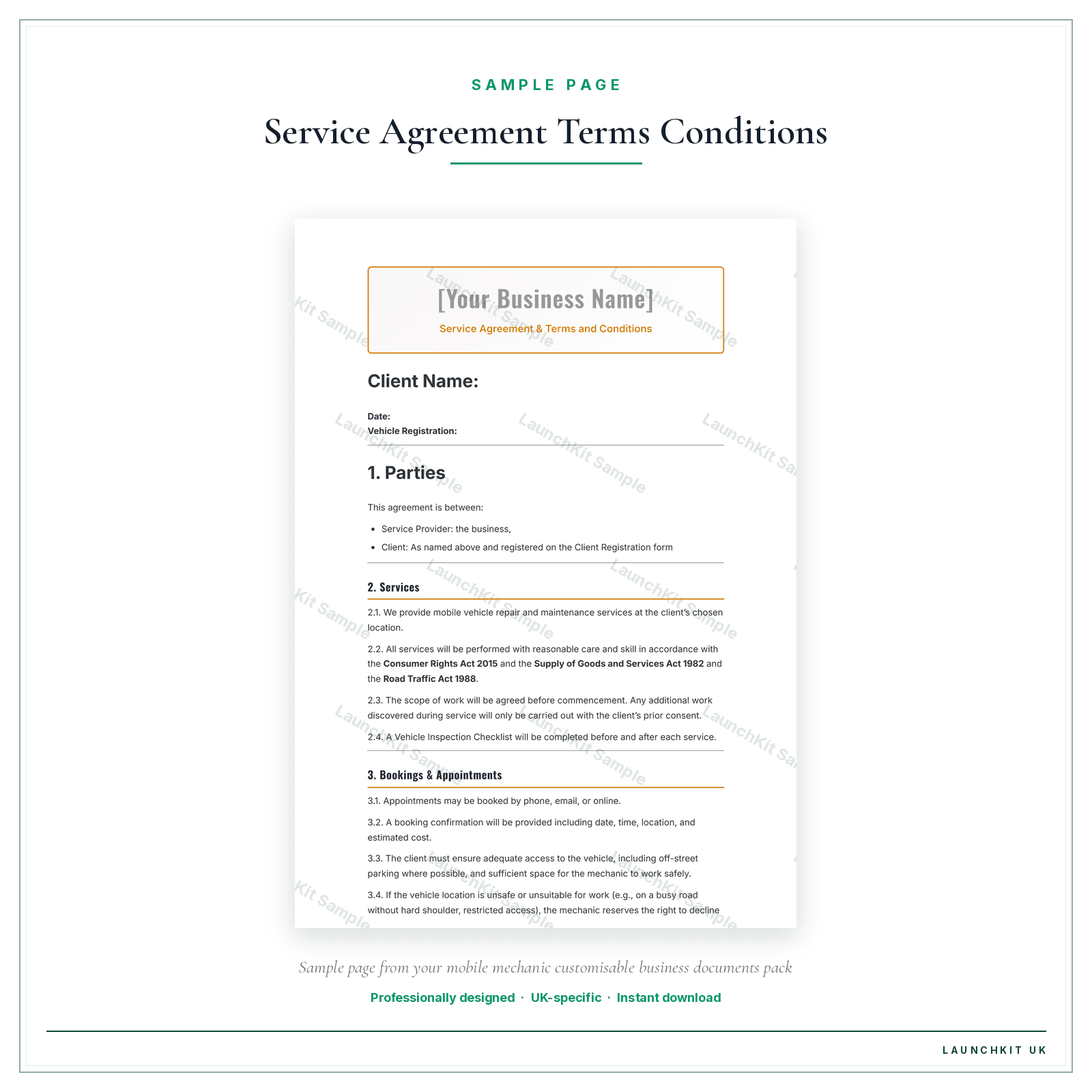 Service Agreement & Terms and Conditions sample page from the Mobile Mechanic Business Documents — Customisable pack — watermarked LaunchKit Sample