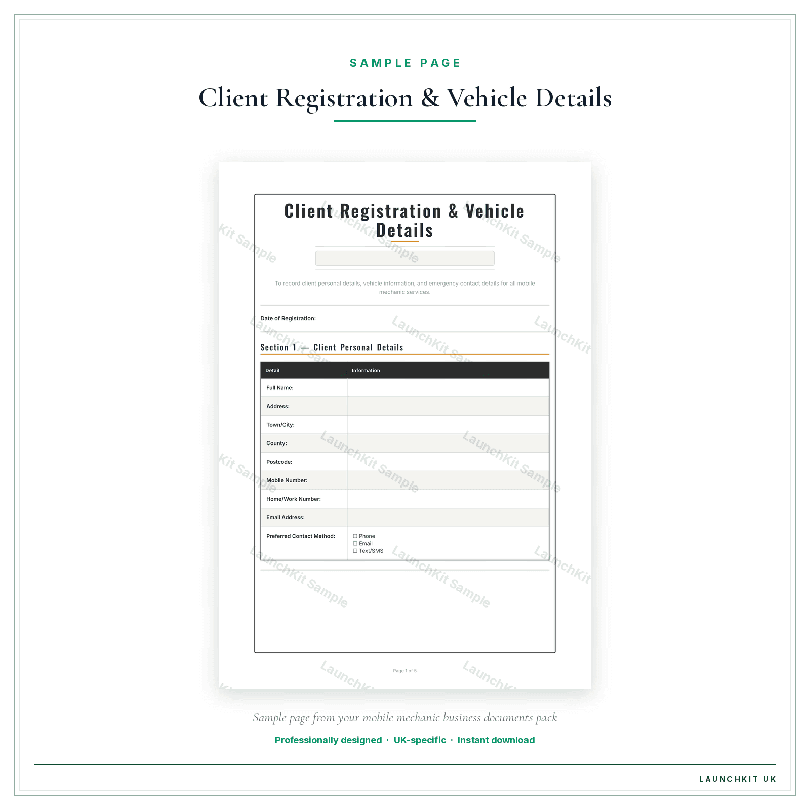 Client Registration & Vehicle Details sample page from the Mobile Mechanic Business Documents — Essential pack — watermarked LaunchKit Sample