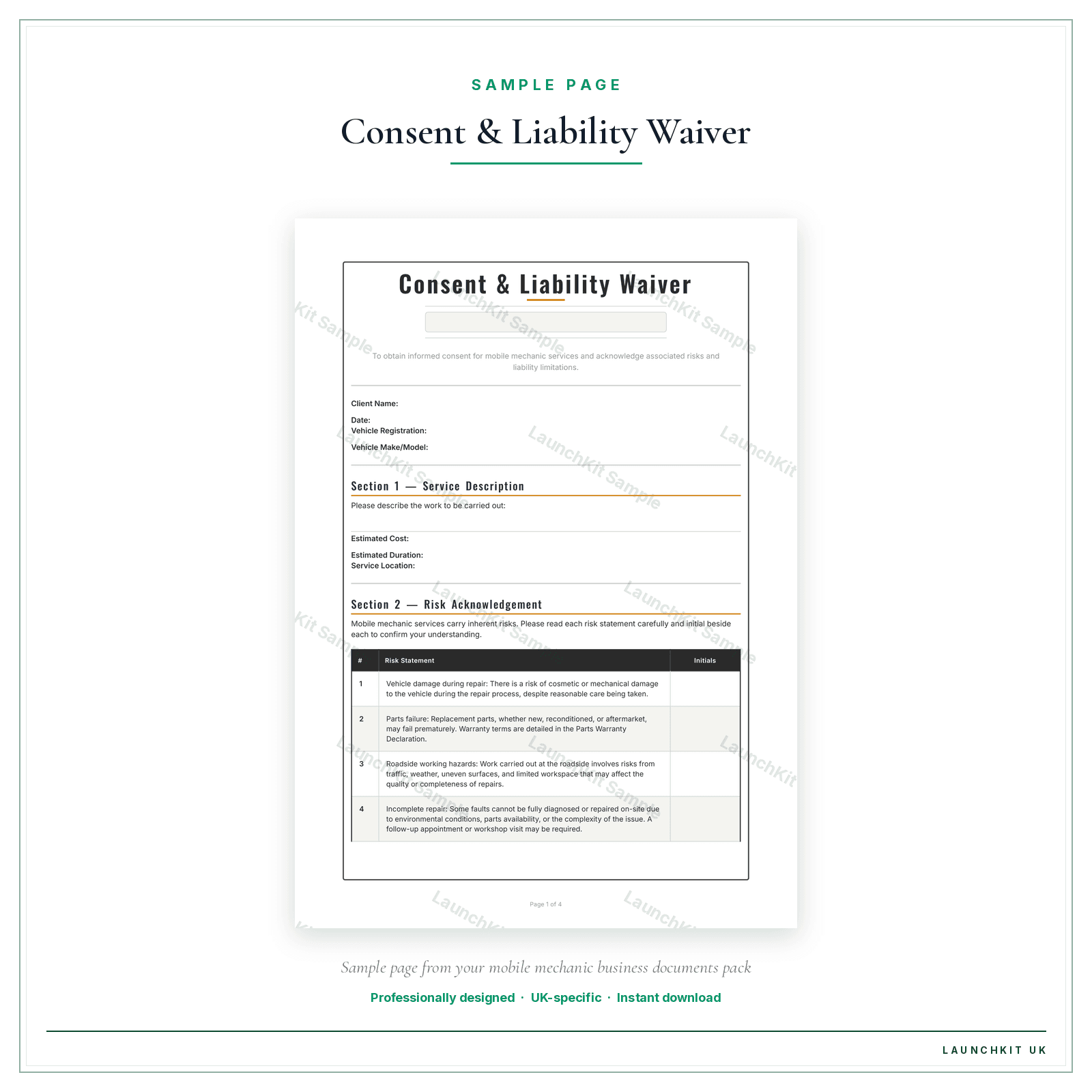 Consent & Liability Waiver sample page from the Mobile Mechanic Business Documents — Essential pack — watermarked LaunchKit Sample