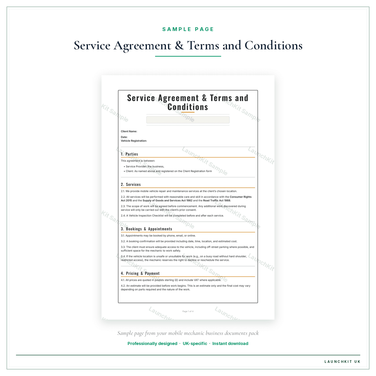 Service Agreement & Terms and Conditions sample page from the Mobile Mechanic Business Documents — Essential pack — watermarked LaunchKit Sample