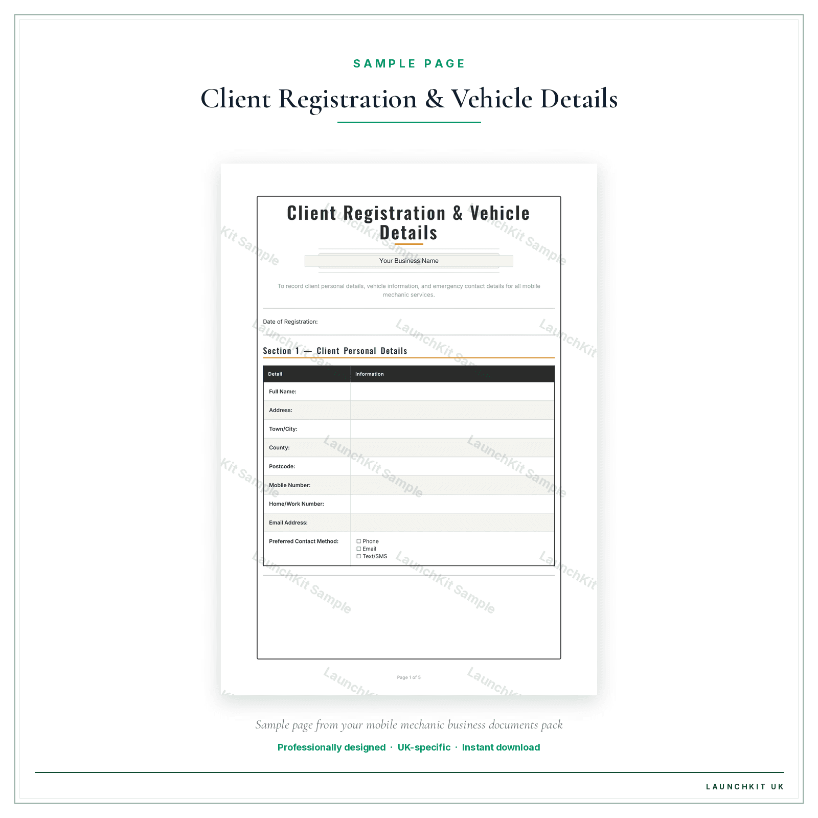 Client Registration & Vehicle Details sample page from the Mobile Mechanic Business Documents — Standard pack — watermarked LaunchKit Sample