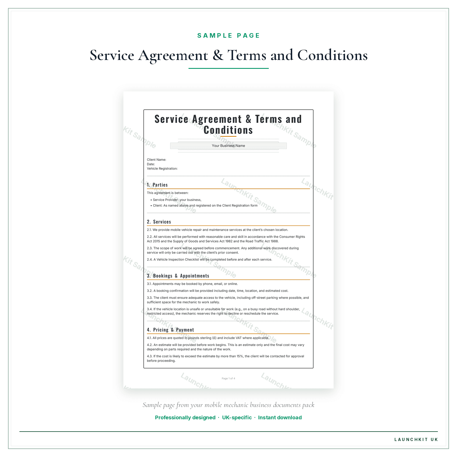 Service Agreement & Terms and Conditions sample page from the Mobile Mechanic Business Documents — Standard pack — watermarked LaunchKit Sample