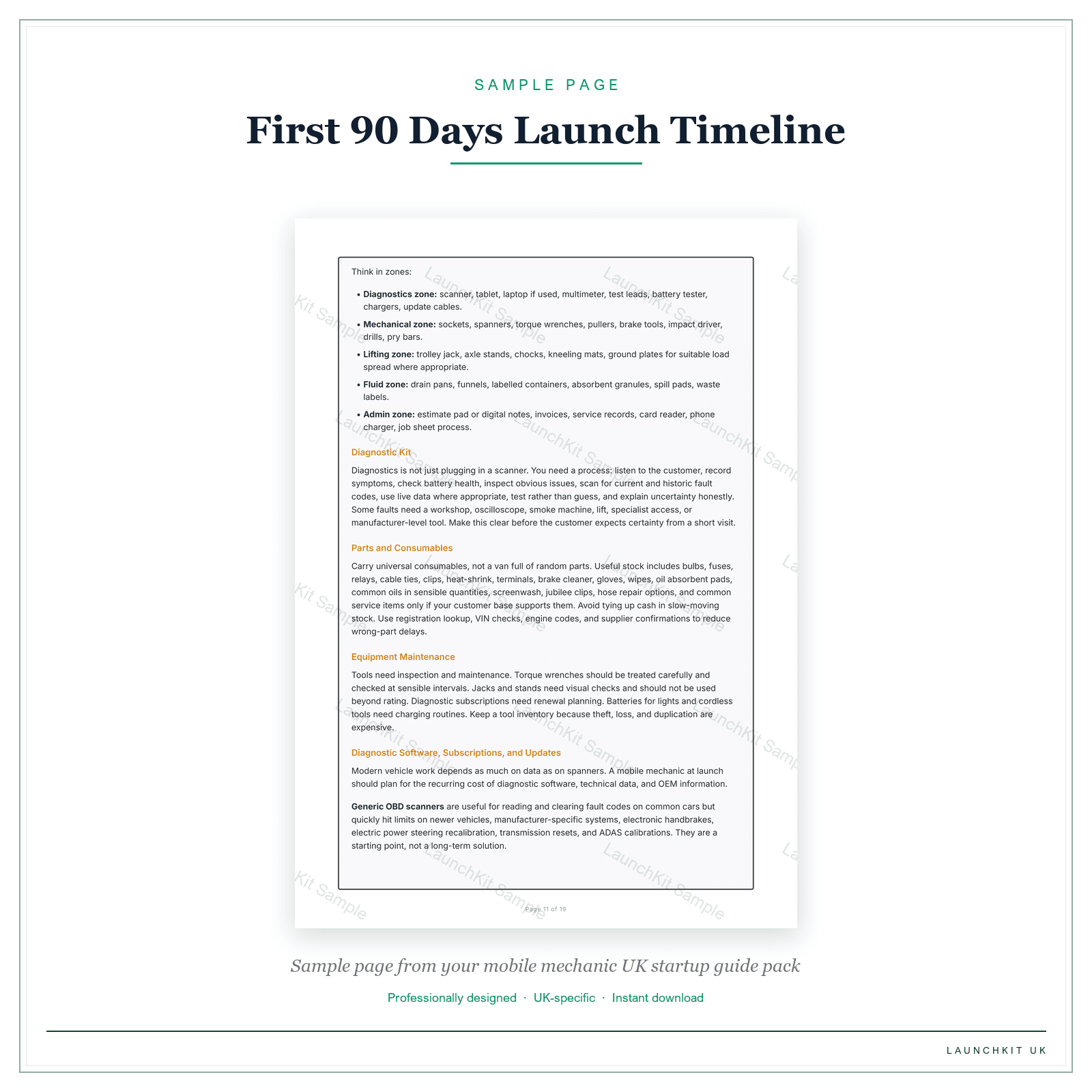 First 90 Days Launch Timeline sample page from the Mobile Mechanic Startup Guide pack — watermarked LaunchKit Sample