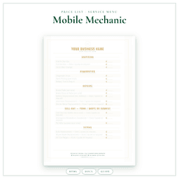 Mobile Mechanic — Price List & Service Menu, PDF product preview