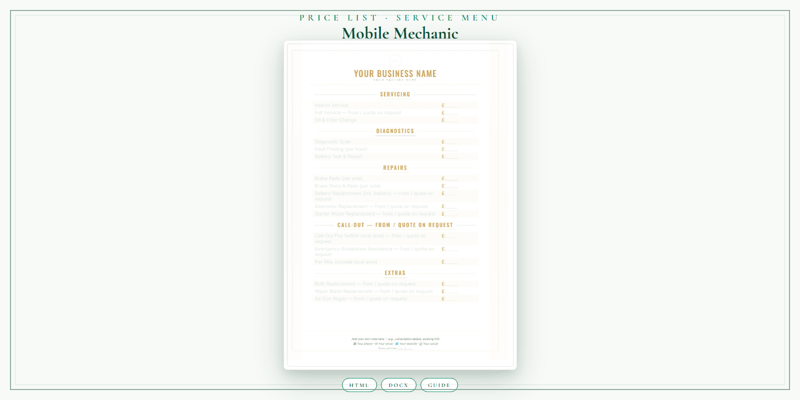 Mobile Mechanic — Price List & Service Menu, PDF product overview
