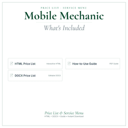 Mobile Mechanic — Price List & Service Menu, PDF what's included preview