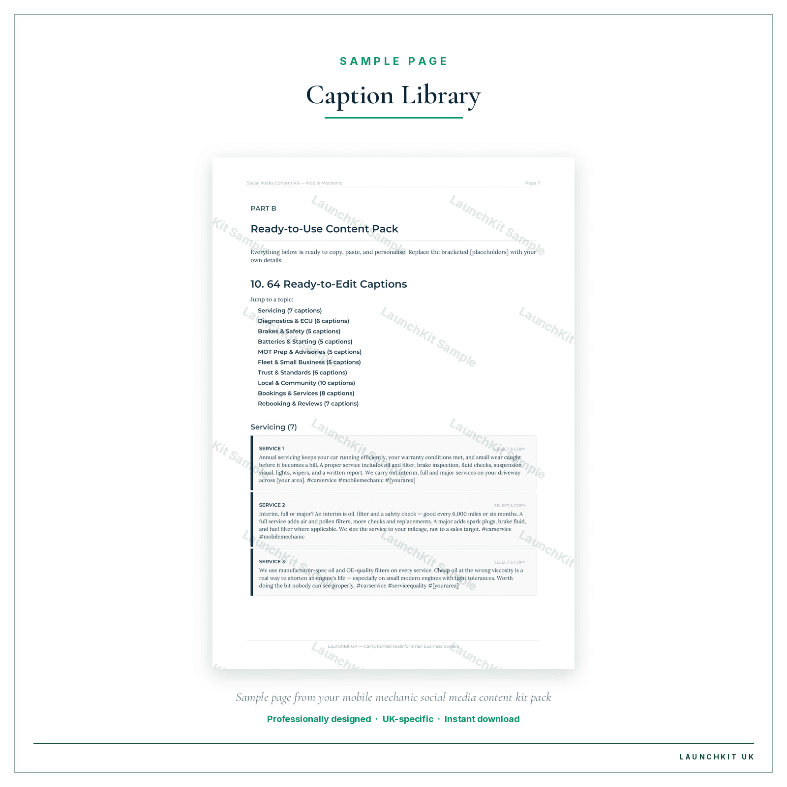 Caption Library sample page from the Mobile Mechanic Social Media Content Kit pack — watermarked LaunchKit Sample