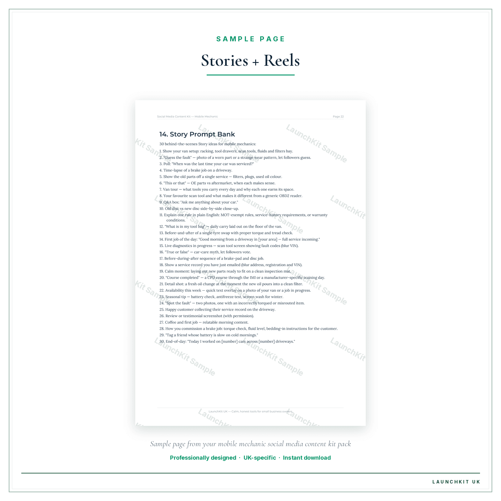 Stories + Reels sample page from the Mobile Mechanic Social Media Content Kit pack — watermarked LaunchKit Sample
