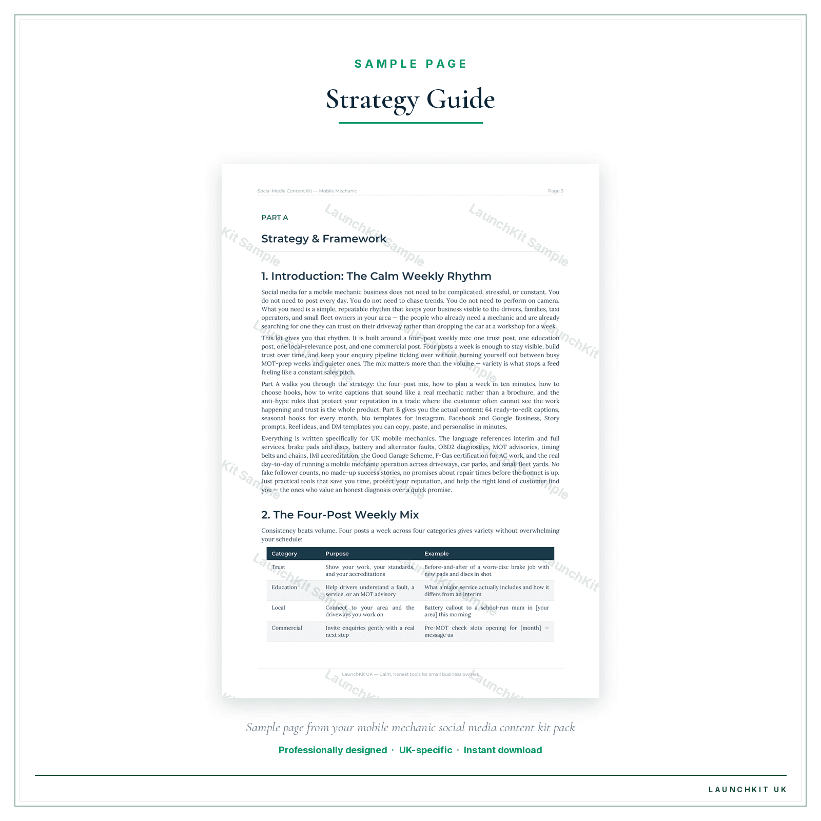Strategy Guide sample page from the Mobile Mechanic Social Media Content Kit pack — watermarked LaunchKit Sample