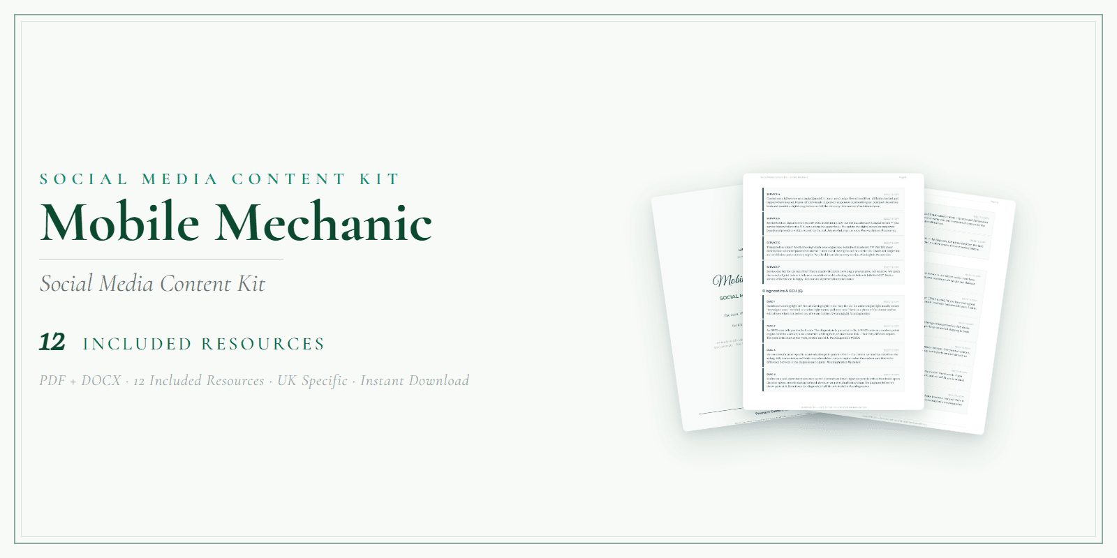 Mobile Mechanic — Social Media Content Kit, PDF and editable DOCX product overview